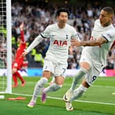  Heung-Min Son of Tottenham Hotspur celebrates after scoring the team’s first goal during the Premier League match  (Photo by Justin Setterfield/Getty Images)