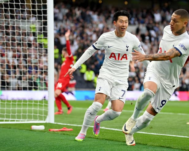  Heung-Min Son of Tottenham Hotspur celebrates after scoring the team’s first goal during the Premier League match  (Photo by Justin Setterfield/Getty Images)