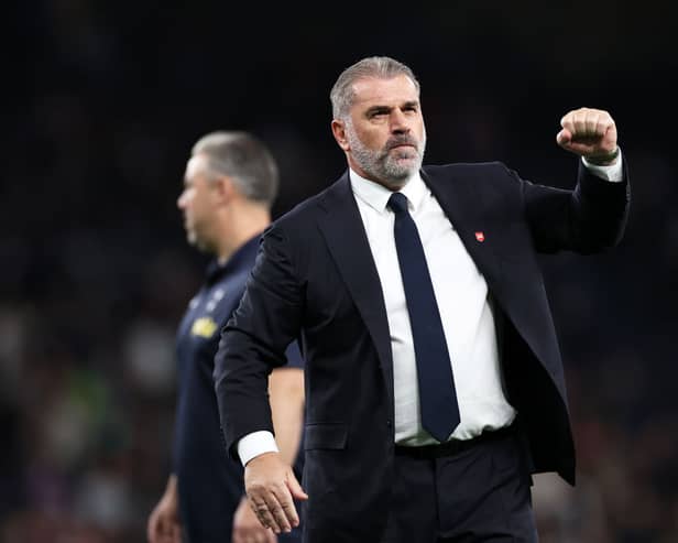 Ange Postecoglou, Manager of Tottenham Hotspur, celebrates following the team’s victory during the Premier League match (Photo by Ryan Pierse/Getty Images)