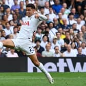 Tottenham Hotspur’s Welsh striker #22 Brennan Johnson controls the ball before scoring but the goal is disallowed for offside  (Photo by JUSTIN TALLIS/AFP via Getty Images)
