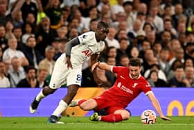 Diogo Jota of Liverpool competing with Yves Bissouma of Tottenham Hotspur during the Premier League match  (Photo by Andrew Powell/Liverpool FC via Getty Images)