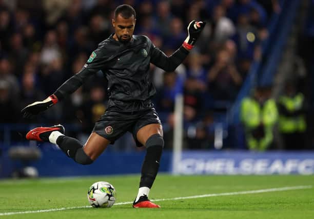 Robert Sanchez takes a goal kick during the English League Cup third round football match between Chelsea and Brighton (Photo by ADRIAN DENNIS/AFP via Getty Images)