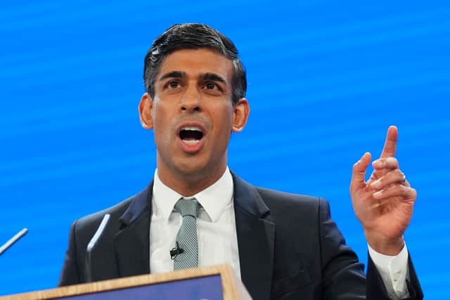 Prime minister Rishi Sunak speaks during the final day of the Conservative Party Conference. Credit: Carl Court/Getty Images.