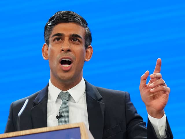 Prime minister Rishi Sunak speaks during the final day of the Conservative Party Conference. Credit: Carl Court/Getty Images.