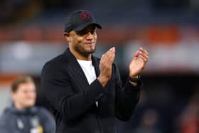  Vincent Kompany, Manager of Burnley, applauds the fans following the team’s victory during the Premier League match (Photo by Marc Atkins/Getty Images)
