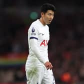Heung-Min Son of Tottenham Hotspur reacts during the Premier League match between Tottenham Hotspur and Liverpool FC  (Photo by Ryan Pierse/Getty Images)