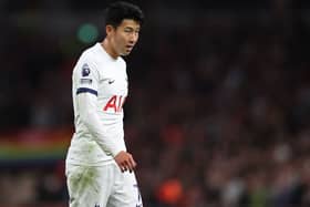 Heung-Min Son of Tottenham Hotspur reacts during the Premier League match between Tottenham Hotspur and Liverpool FC  (Photo by Ryan Pierse/Getty Images)