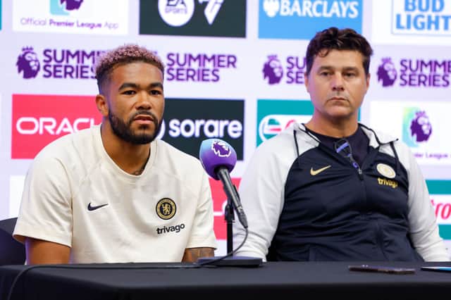 Reece James #24 and head coach Mauricio Pochettino of the Chelsea Football Club attend a press conference (Photo by Todd Kirkland/Getty Images for Premier League)