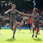 Micky van de Ven of Tottenham Hotspur celebrates after scoring the team’s first goal during the Premier League match  (Photo by Henry Browne/Getty Images)