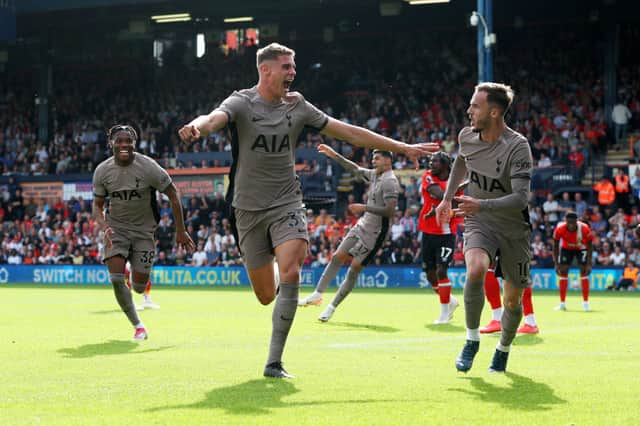 Micky van de Ven of Tottenham Hotspur celebrates after scoring the team’s first goal during the Premier League match  (Photo by Henry Browne/Getty Images)