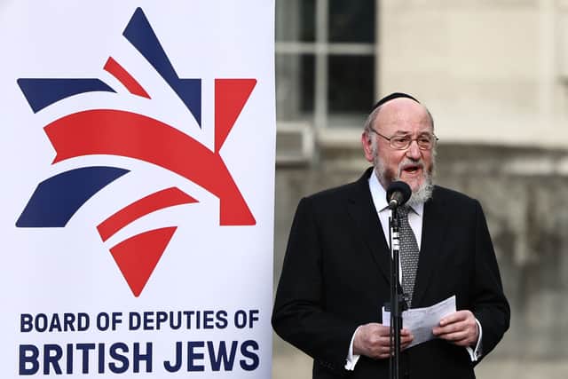 Britain's Chief rabbi Ephraim Mirvis addresses the crowd. Credit: Henry Nicholls/AFP via Getty Images.