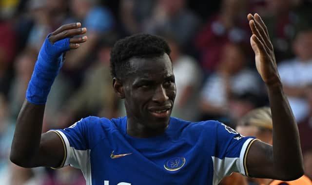 Chelsea’s Senegalese striker #15 Nicolas Jackson celebrates scoring the team’s fourth goal during the English Premier League (Photo by OLI SCARFF/AFP via Getty Images)