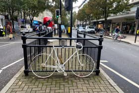 Eilidh Cairns's ghost bike on Notting Hill Gate, a stretch of road where she was killed while cycling in 2009. Credit: Justin Abbott.