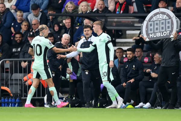 Cole Palmer of Chelsea is substituted on for teammate Mykhaylo Mudryk during the Premier League match between AFC Bournemouth and Chelsea FC at Vitality Stadium