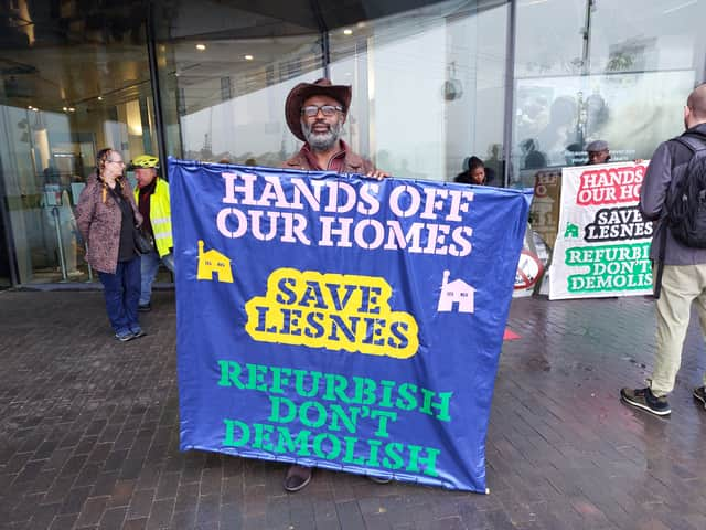 Dr Johnnel Olabhie at the Lesnes Estate protest outside City Hall. Credit: Ben Lynch.