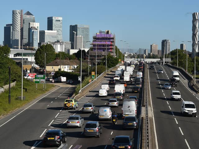 Traffic queuing entering the Blackwall Tunnel in east London. Credit: Glyn Kirk/AFP via Getty Images.