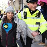 Swedish climate activist Greta Thunberg is arrested by police outside the InterContinental London Park Lane during the “Oily Money Out” demonstration. Credit: Henry Nicholls/AFP via Getty Images.