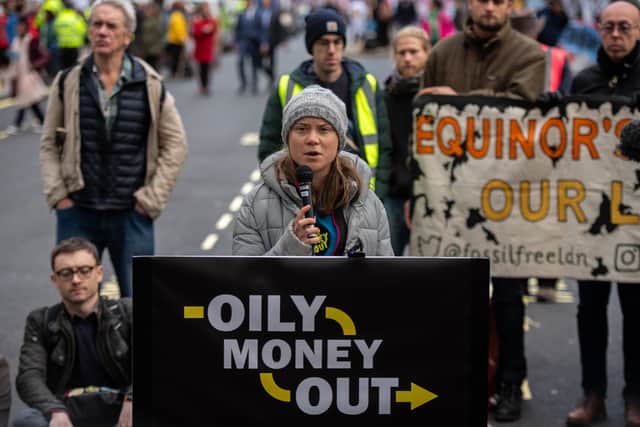 Swedish climate activist Greta Thunberg speaking at the 'Oily Money Out' protest in London. Credit: Chris J Ratcliffe for Greenpeace via Getty Images.