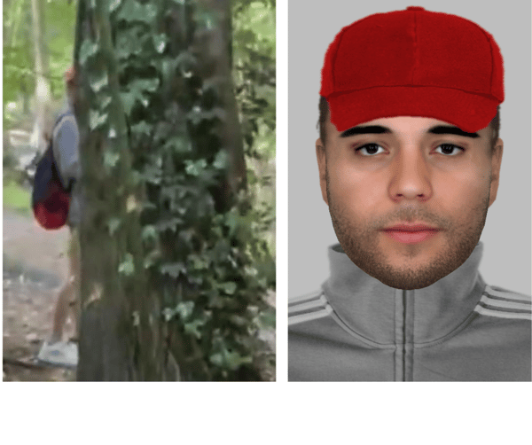 A still from footage and an e-fit of a suspect in an investigation into reported indecent exposure incidents at Hampstead Heath. (Photos by MPS)