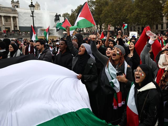 An estimated 100,000 people took part in the pro-Palestine march in London on October 21. Credit: Henry Nicholls/AFP via Getty Images.