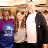 Andi Oliver (middle) with Refugee Community Kitchen founders Steve Stavrinides (far left), Paula Gallardo and Sam Jones (far right)