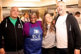 Andi Oliver (middle) with Refugee Community Kitchen founders Steve Stavrinides (far left), Paula Gallardo and Sam Jones (far right)