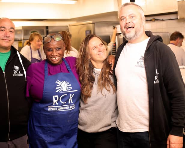 Andi Oliver (middle) with Refugee Community Kitchen founders Steve Stavrinides (far left), Paula Gallardo and Sam Jones (far right)