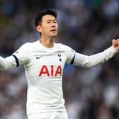  Heung-Min Son of Tottenham Hotspur celebrates after scoring the team's first goal during the Premier League match  (Photo by Justin Setterfield/Getty Images)