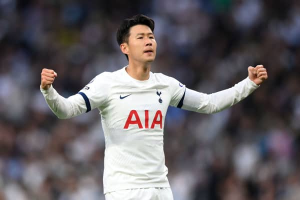  Heung-Min Son of Tottenham Hotspur celebrates after scoring the team's first goal during the Premier League match  (Photo by Justin Setterfield/Getty Images)