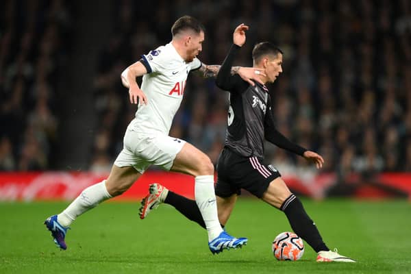 Sasa Lukic of Fulham runs with the ball whilst under pressure from Pierre-Emile Hojbjerg of Tottenham  (Photo by Justin Setterfield/Getty Images)