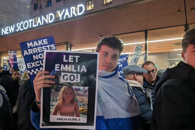 A protester who joined the Campaign Against Antisemitism rally outside Scotland Yard 