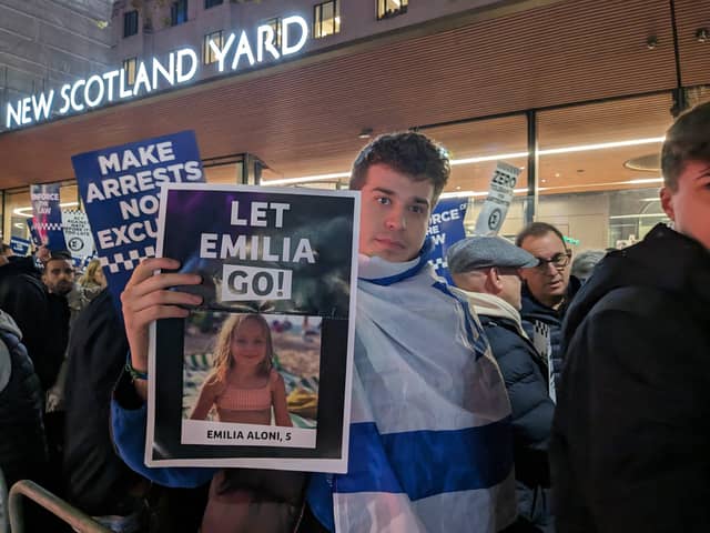 A protester who joined the Campaign Against Antisemitism rally outside Scotland Yard 