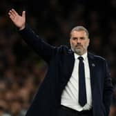 Ange Postecoglou, Manager of Tottenham Hotspur reacts during the Premier League match between Tottenham Hotspur and Fulham . (Photo by Justin Setterfield/Getty Images)