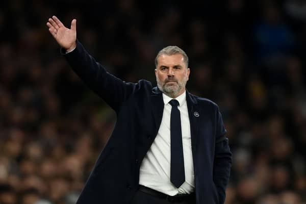 Ange Postecoglou, Manager of Tottenham Hotspur reacts during the Premier League match between Tottenham Hotspur and Fulham . (Photo by Justin Setterfield/Getty Images)