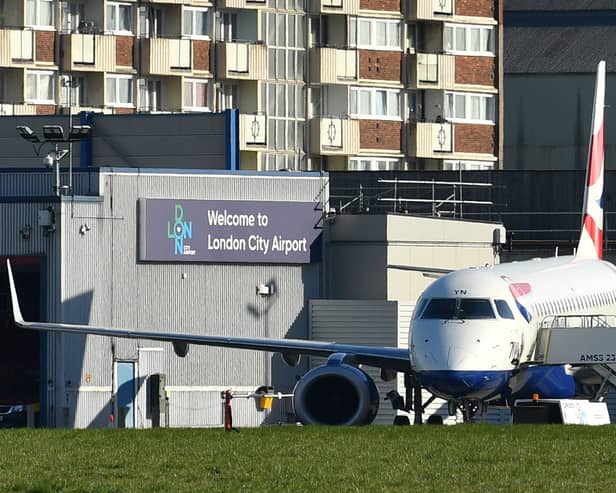 A plane sat on the tarmac at London City Airport. Credit: Ben Stansall/AFP via Getty Images.