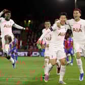  Son Heung-Min of Tottenham Hotspur (R2) celebrates with teammates Emerson (L) and Brennan Johnson of Tottenham Hotspur  (Photo by Alex Pantling/Getty Images)