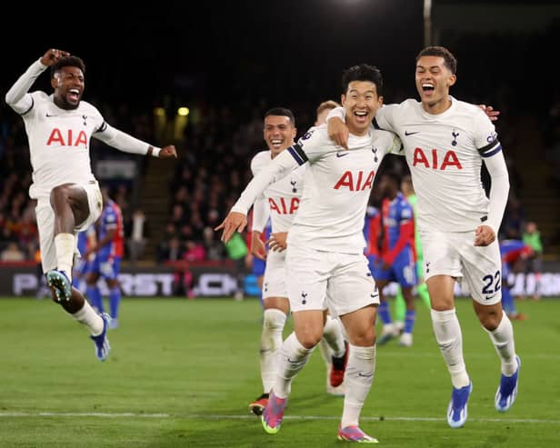  Son Heung-Min of Tottenham Hotspur (R2) celebrates with teammates Emerson (L) and Brennan Johnson of Tottenham Hotspur  (Photo by Alex Pantling/Getty Images)