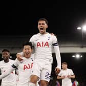 Son Heung-Min of Tottenham Hotspur celebrates scoring his sides second goal with Brennan Johnson match (Photo by Alex Pantling/Getty Images)