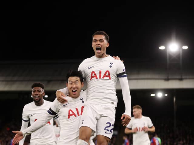 Son Heung-Min of Tottenham Hotspur celebrates scoring his sides second goal with Brennan Johnson match (Photo by Alex Pantling/Getty Images)