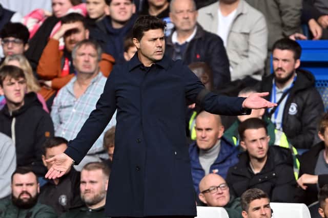 Chelsea’s Argentinian head coach Mauricio Pochettino reacts during the English Premier League football match (Photo by JUSTIN TALLIS/AFP via Getty Images)