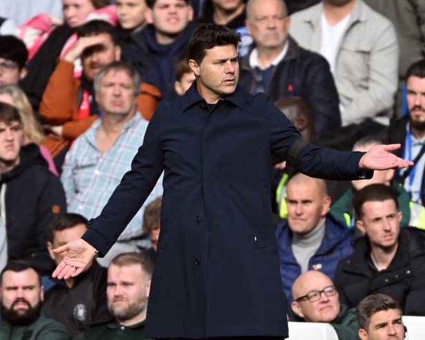 Chelsea’s Argentinian head coach Mauricio Pochettino reacts during the English Premier League football match (Photo by JUSTIN TALLIS/AFP via Getty Images)