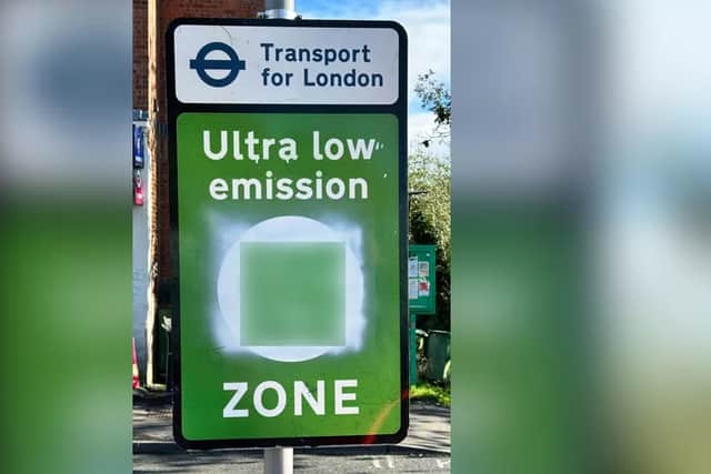 A fake ULEZ sign in Hertfordshire. (Photo by Hertfordshire County Council)