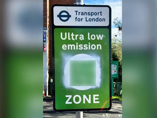 A fake ULEZ sign in Hertfordshire. (Photo by Hertfordshire County Council)