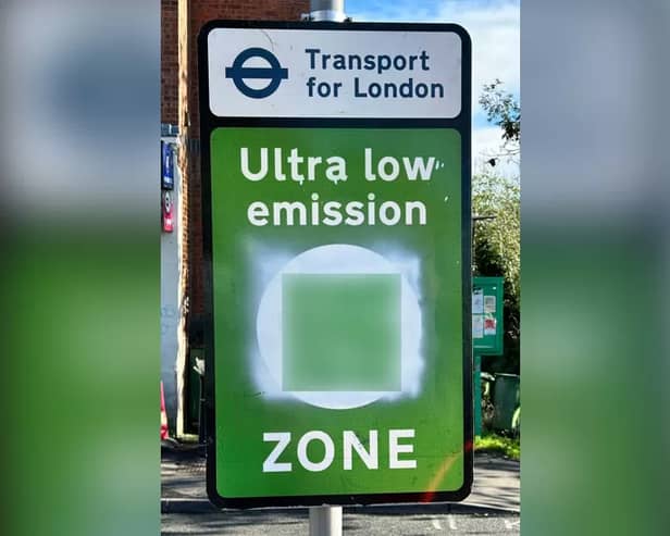 A fake ULEZ sign in Hertfordshire. (Photo by Hertfordshire County Council)