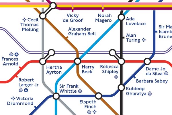 The reimagined Tube map has been launched to honour some of the world's most famous engineers. Credit: TfL.