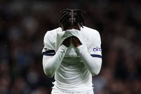 Destiny Udogie of Tottenham Hotspur reacts after a missed chance during the Premier League match (Photo by Alex Pantling/Getty Images)