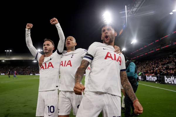 James Maddison (L), Richarlison (C) and Cristian Romero of Tottenham Hotspur celebrate after Joel Ward of Crystal Palace (Photo by Alex Pantling/Getty Images)