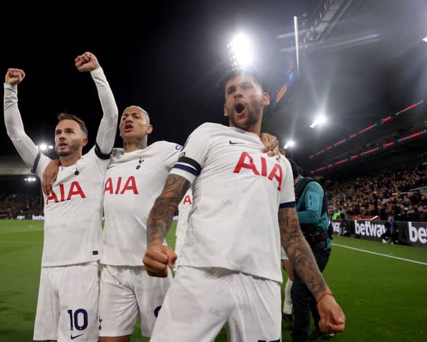 James Maddison (L), Richarlison (C) and Cristian Romero of Tottenham Hotspur celebrate after Joel Ward of Crystal Palace (Photo by Alex Pantling/Getty Images)