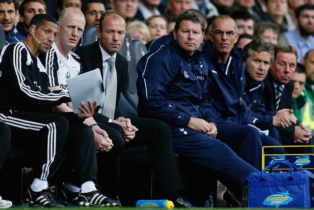 Chris Hughton,Coach Iain Dowie and Manager Alan Shearer of Newcastle United look on during the Barclays Premier League match (Photo by Paul Gilham/Getty Images)