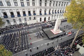 Veterans, members of the military and the Royal family led by King Charles III line Whitehall during the Remembrance Sunday ceremony at the Cenotaph in 2022 in London. (Photo by Stefan Rousseau - WPA Pool/Getty Images)